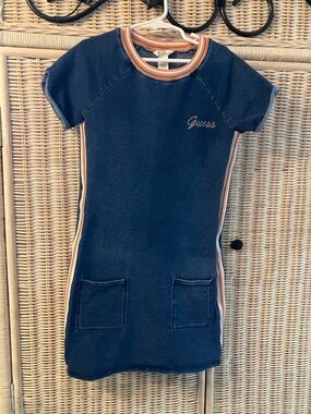 Guess logo Girl’s sporty blue mini dress crew with pockets varsity stripe summer